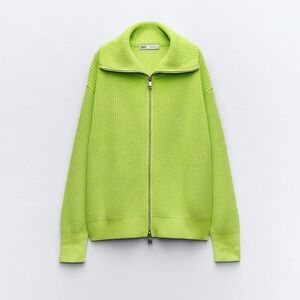 Zara Lime High-Neck Zip-Up Relaxed-Fit Knit Jacket/Cardigan